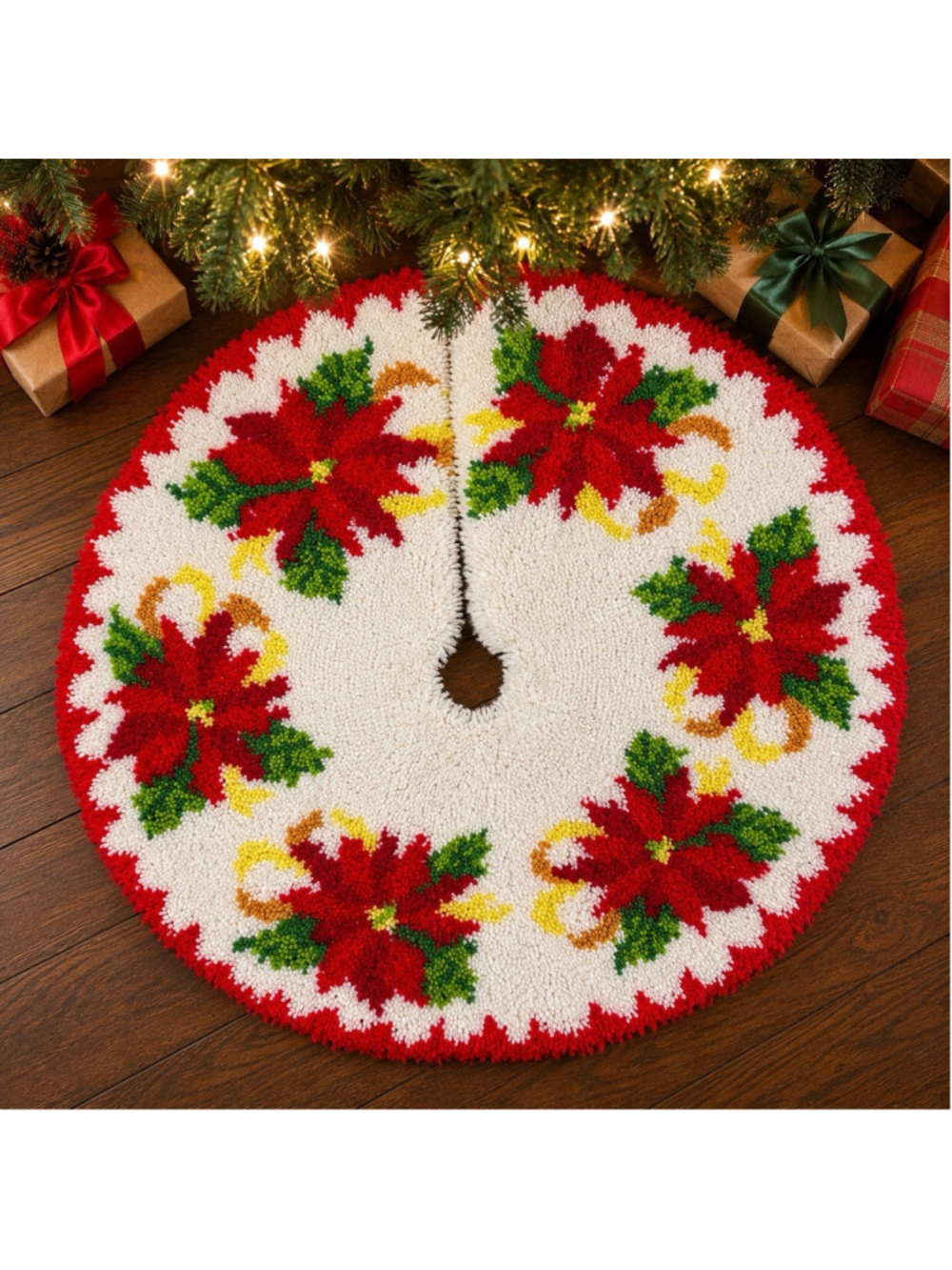 Vintage 70’s Hooked Rug Christmas Tree Skirt Poinsettia Red White 37”